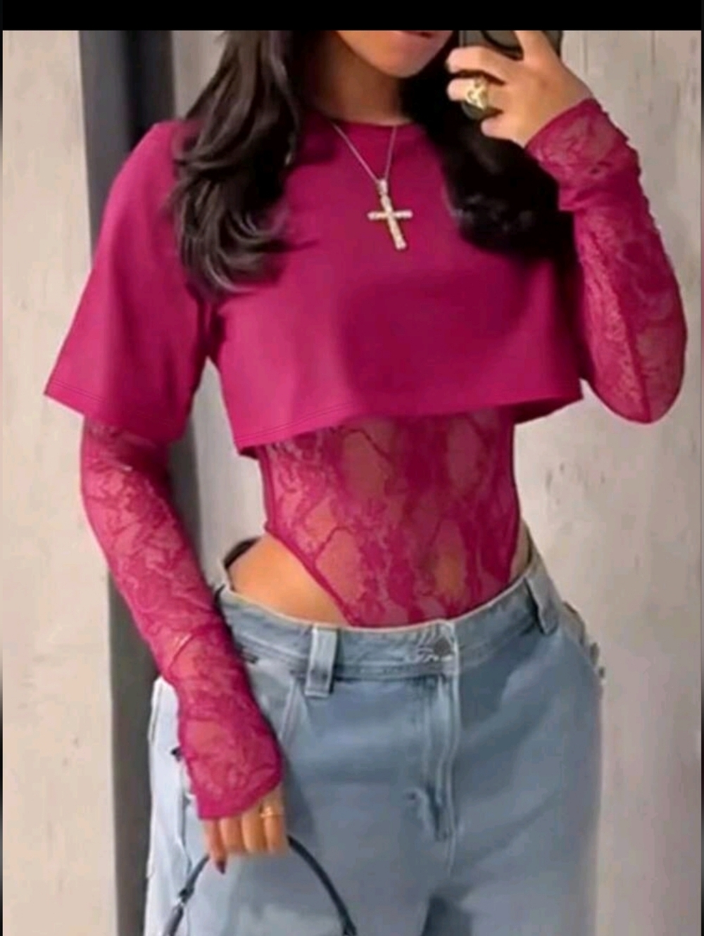 Hot Pink Lace Bodysuit Layered Crop Top - Women